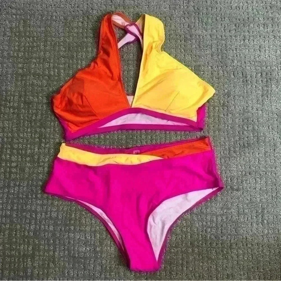2 Piece Bikini Bright Pink Orange Yellow Color Block no label swimsuit size 2XL - Picture 1 of 6
